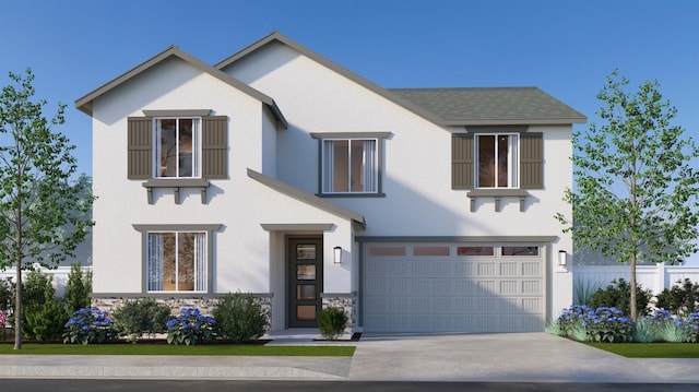 view of front of home with concrete driveway, stucco siding, and an attached garage
