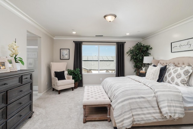 bedroom with light colored carpet, visible vents, recessed lighting, crown molding, and baseboards