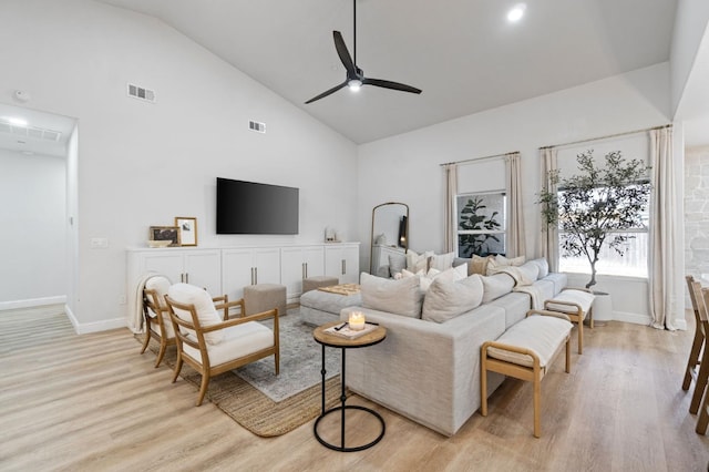 living room featuring high vaulted ceiling, visible vents, light wood finished floors, ceiling fan, and baseboards