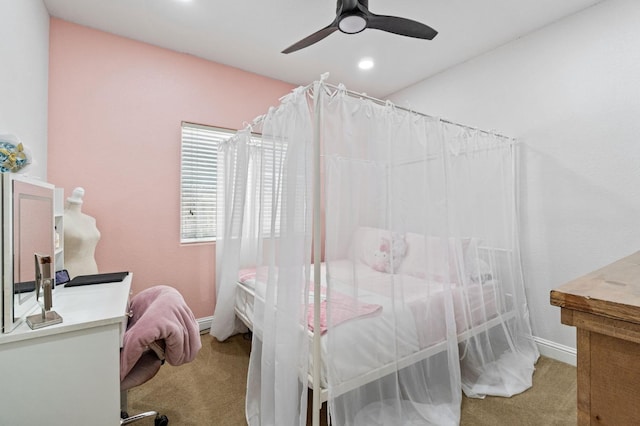 carpeted bedroom with baseboards, ceiling fan, and recessed lighting