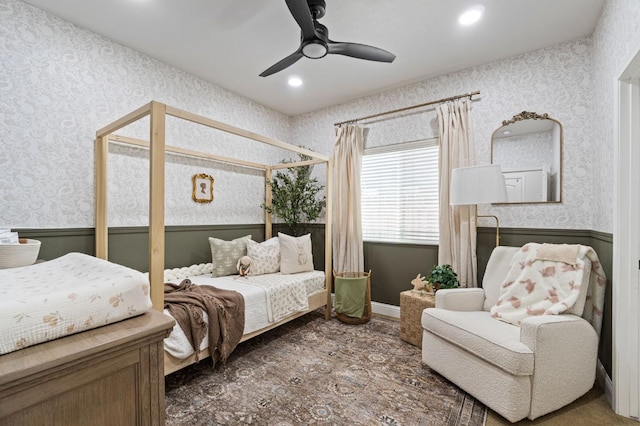 bedroom featuring recessed lighting, ceiling fan, wallpapered walls, and wood finished floors