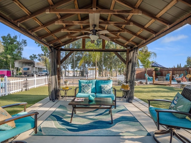 17324 Bonita Rd, Madera, CA 93636 - view of patio / terrace featuring a fenced backyard, a gazebo, an outdoor living space, and a ceiling fan