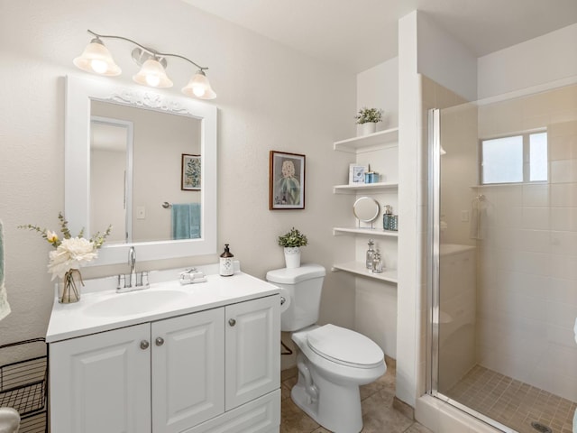 17324 Bonita Rd, Madera, CA 93636 - bathroom featuring a stall shower, vanity, toilet, and tile patterned floors