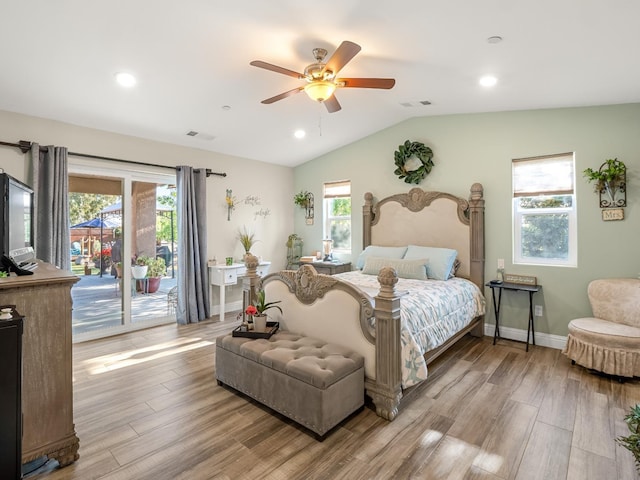17324 Bonita Rd, Madera, CA 93636 - bedroom with wood finished floors, visible vents, lofted ceiling, and access to exterior