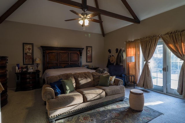 1233 Redwood Ln, Selma, CA 93662 - bedroom with light carpet, access to exterior, beamed ceiling, high vaulted ceiling, and a ceiling fan