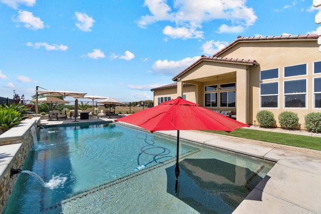 view of swimming pool with fence and a patio area