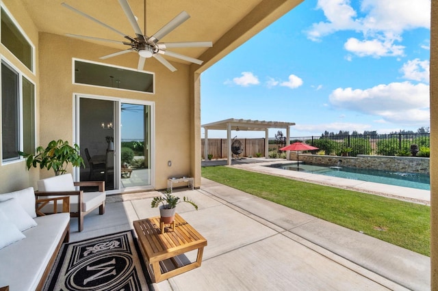 view of patio with ceiling fan, a pergola, and an outdoor hangout area