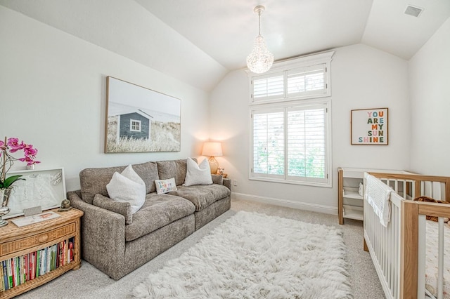 carpeted living room with vaulted ceiling, baseboards, and visible vents