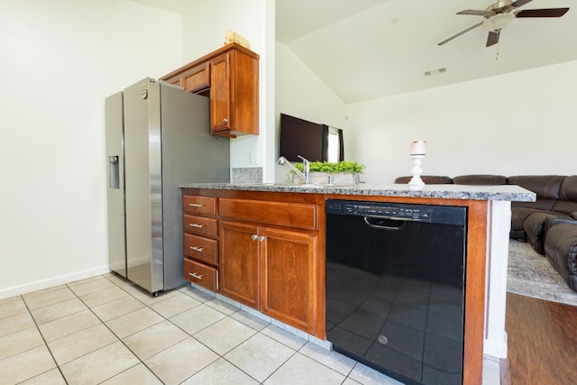 13375 Peach St, Parlier, CA 93648 - kitchen featuring lofted ceiling, black dishwasher, ceiling fan, stainless steel fridge with ice dispenser, and open floor plan