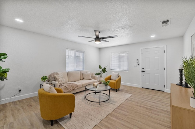 2194 N Feland, Fresno, CA 93722 - living room with ceiling fan, light wood-style flooring, baseboards, a textured ceiling, and recessed lighting