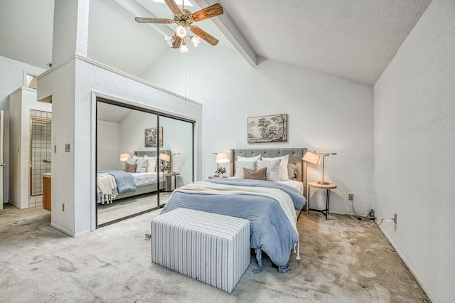 carpeted bedroom with a closet, high vaulted ceiling, ceiling fan, a textured wall, and beamed ceiling