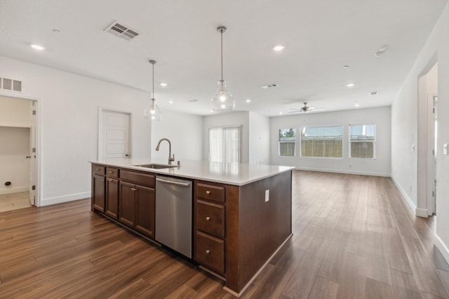 5091 N San Clemente Ave, Fresno, CA 93723 - kitchen with dishwasher, a sink, baseboards, dark wood finished floors, and recessed lighting