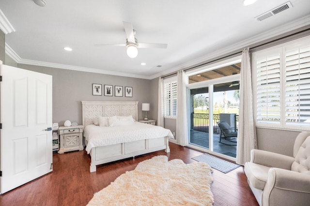 261 N Terry Ave, Clovis, CA 93612 - bedroom featuring ornamental molding, access to exterior, wood finished floors, recessed lighting, and a ceiling fan