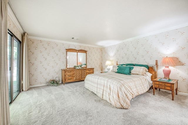 6619 N Valentine Ave, Fresno, CA 93711 - carpeted bedroom with wallpapered walls, crown molding, and access to outside