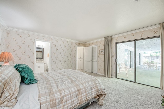 6619 N Valentine Ave, Fresno, CA 93711 - bedroom featuring access to exterior, wallpapered walls, light carpet, ornamental molding, and ensuite bathroom