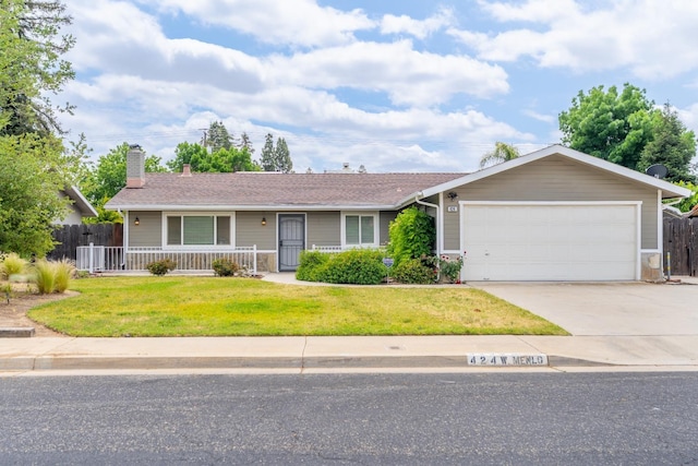 424 W Menlo Ave, Clovis, CA 93612 - ranch-style home featuring a garage, driveway, a chimney, and a porch
