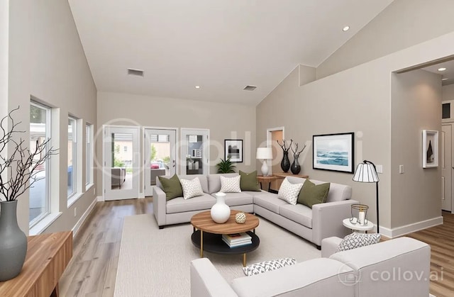 287 W Trenton Ave, Clovis, CA 93619 - living area with plenty of natural light, wood finished floors, high vaulted ceiling, baseboards, and recessed lighting