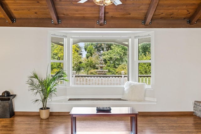13801 E Rialto Ave, Sanger, CA 93657 - sitting room featuring beam ceiling, wood ceiling, healthy amount of natural light, wood finished floors, and ceiling fan