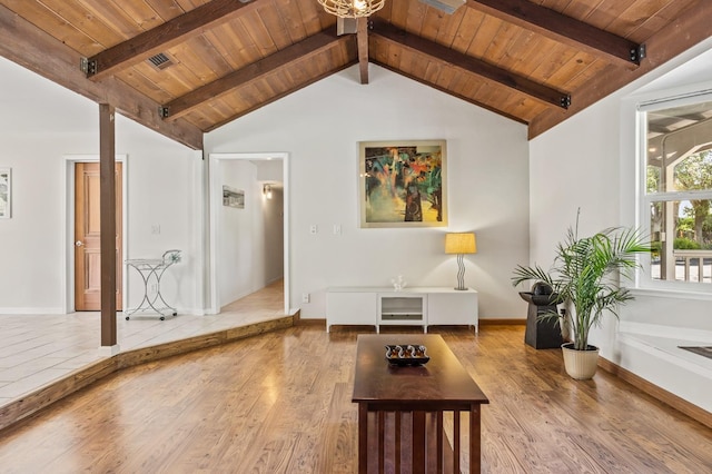13801 E Rialto Ave, Sanger, CA 93657 - living area featuring wood ceiling, wood finished floors, baseboards, and a chandelier