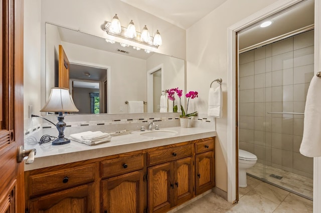 13801 E Rialto Ave, Sanger, CA 93657 - bathroom with toilet, vanity, a stall shower, and tasteful backsplash