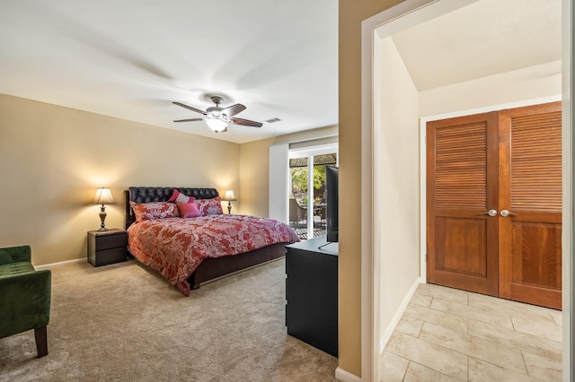 13801 E Rialto Ave, Sanger, CA 93657 - bedroom with access to exterior, baseboards, light carpet, and a ceiling fan