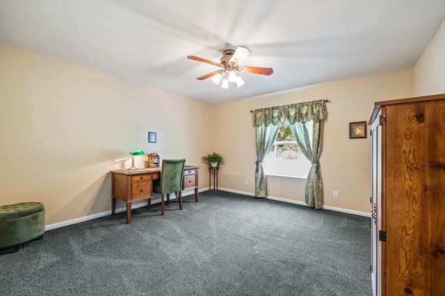 13801 E Rialto Ave, Sanger, CA 93657 - office area featuring ceiling fan, dark carpet, and baseboards