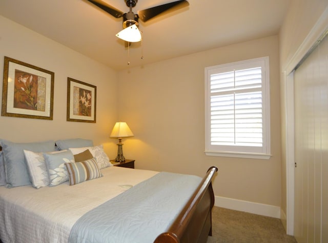 bedroom with carpet flooring, multiple windows, a closet, and baseboards