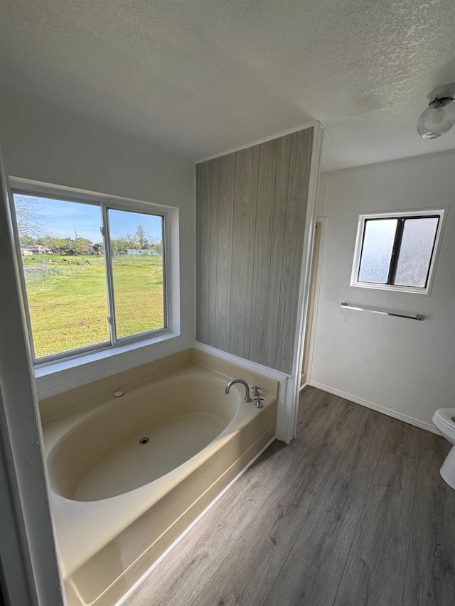 28640 Ward St, Madera, CA 93638 - bathroom with a textured ceiling, plenty of natural light, wood finished floors, a bath, and toilet