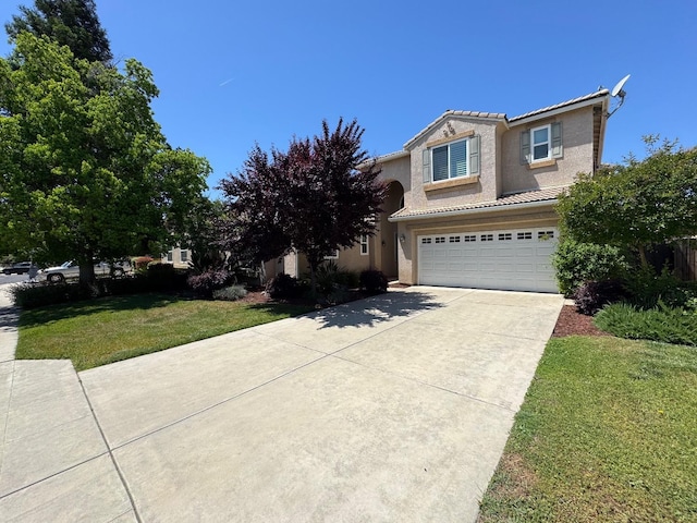 1822 N Magnolia, Clovis, CA 93619 - traditional-style home with an attached garage, concrete driveway, stucco siding, a tiled roof, and a front lawn
