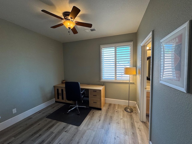1822 N Magnolia, Clovis, CA 93619 - office featuring light wood-type flooring, ceiling fan, baseboards, and a textured wall