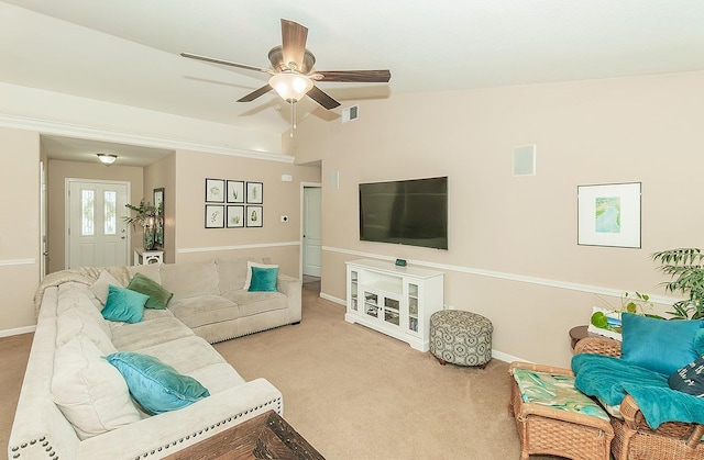 6588 E Lowe Ave, Fresno, CA 93727 - living room featuring ceiling fan, carpet floors, baseboards, and lofted ceiling