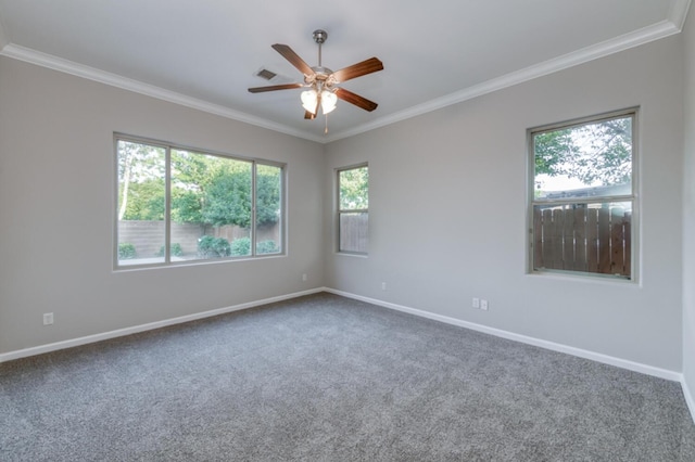 unfurnished room featuring ornamental molding, ceiling fan, carpet flooring, and baseboards