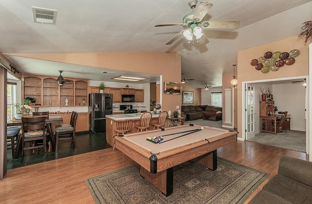 3042 Love St, Selma, CA 93662 - recreation room with a ceiling fan, dark wood finished floors, lofted ceiling, pool table, and a sink