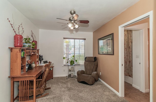 3042 Love St, Selma, CA 93662 - living area featuring ceiling fan, a desk, baseboards, and carpet flooring