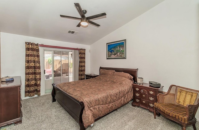 3042 Love St, Selma, CA 93662 - carpeted bedroom with access to exterior, vaulted ceiling, and a ceiling fan