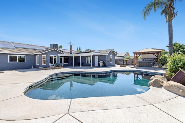 2371 Sophia Ln, Kingsburg, CA 93631 - swimming pool with a gazebo, a patio area, a fenced backyard, area for grilling, and central air condition unit