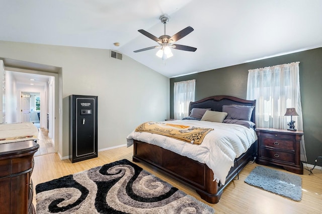 2371 Sophia Ln, Kingsburg, CA 93631 - bedroom featuring vaulted ceiling, light wood-style flooring, baseboards, and ceiling fan