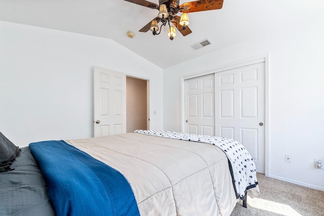 2371 Sophia Ln, Kingsburg, CA 93631 - bedroom featuring lofted ceiling, carpet floors, a closet, a ceiling fan, and baseboards