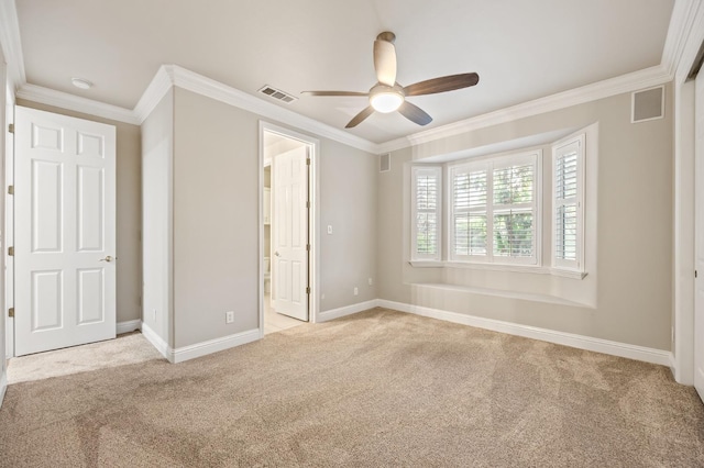 2758 N Highland Ave, Fresno, CA 93737 - unfurnished bedroom with carpet floors, crown molding, baseboards, ensuite bath, and a ceiling fan