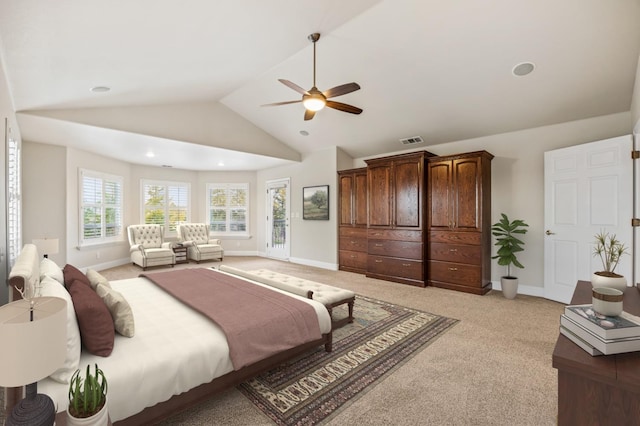 2758 N Highland Ave, Fresno, CA 93737 - bedroom with light colored carpet, lofted ceiling, baseboards, a ceiling fan, and access to exterior