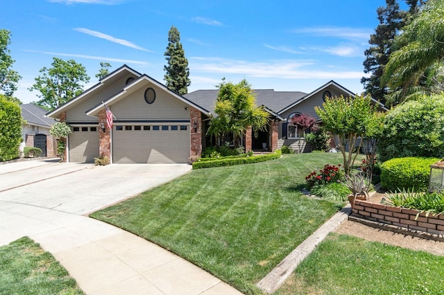 1517 W Fir Ave, Fresno, CA 93711 - view of front of home with a garage, concrete driveway, a front lawn, and brick siding