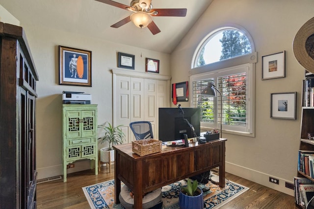 1517 W Fir Ave, Fresno, CA 93711 - office space featuring ceiling fan, wood finished floors, high vaulted ceiling, and baseboards