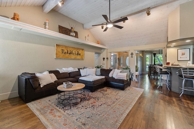 1517 W Fir Ave, Fresno, CA 93711 - living area with a ceiling fan, wood finished floors, high vaulted ceiling, beamed ceiling, and baseboards