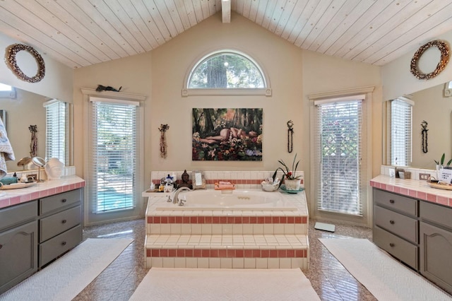 1517 W Fir Ave, Fresno, CA 93711 - bathroom featuring healthy amount of natural light, a bath, lofted ceiling, vanity, and wooden ceiling