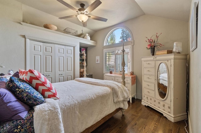 1517 W Fir Ave, Fresno, CA 93711 - bedroom featuring lofted ceiling, dark wood finished floors, a closet, and ceiling fan