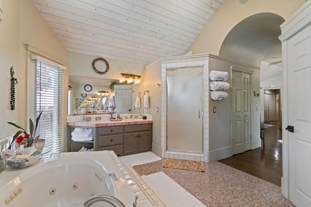 1517 W Fir Ave, Fresno, CA 93711 - bathroom with vaulted ceiling, a shower stall, vanity, a tub with jets, and wood ceiling