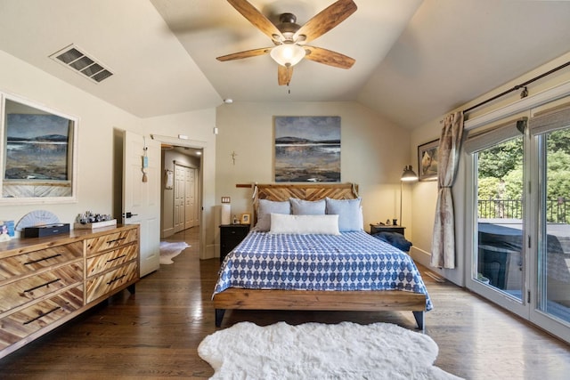 1517 W Fir Ave, Fresno, CA 93711 - bedroom featuring access to outside, lofted ceiling, wood finished floors, a ceiling fan, and baseboards