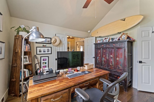 1517 W Fir Ave, Fresno, CA 93711 - office with dark wood-style flooring, vaulted ceiling, and ceiling fan