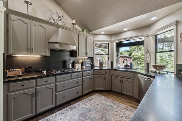 1517 W Fir Ave, Fresno, CA 93711 - kitchen featuring premium range hood, appliances with stainless steel finishes, a sink, healthy amount of natural light, and vaulted ceiling