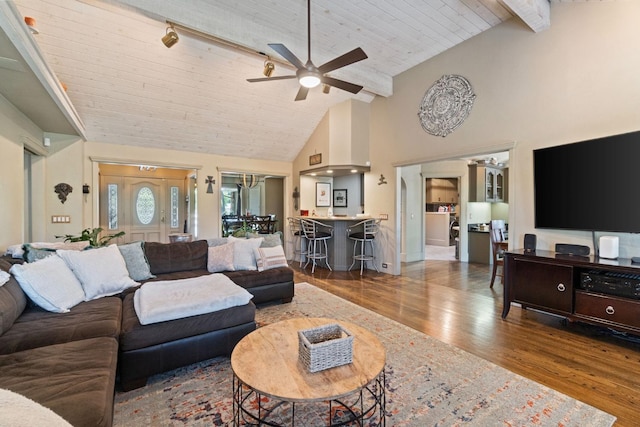 1517 W Fir Ave, Fresno, CA 93711 - living room featuring ceiling fan, wood finished floors, high vaulted ceiling, and beam ceiling